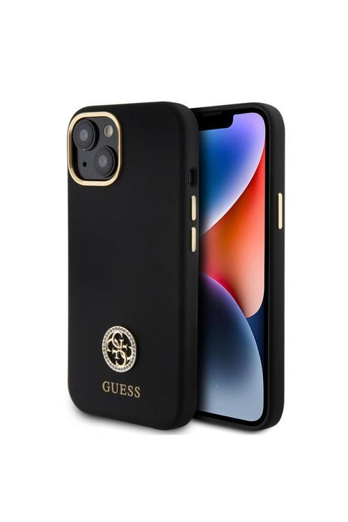 İphone 15 Kılıf Lisanslı Yazı Ve Taşlı 4G Logolu Metal Kamera Çerçeveli Silikon Kapak Siyah