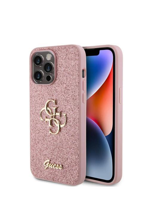 İphone 14 Pro Max Uyumlu Kılıf Lisanslı 4G Büyük Metal Logolu Glitter Kapak Pembe