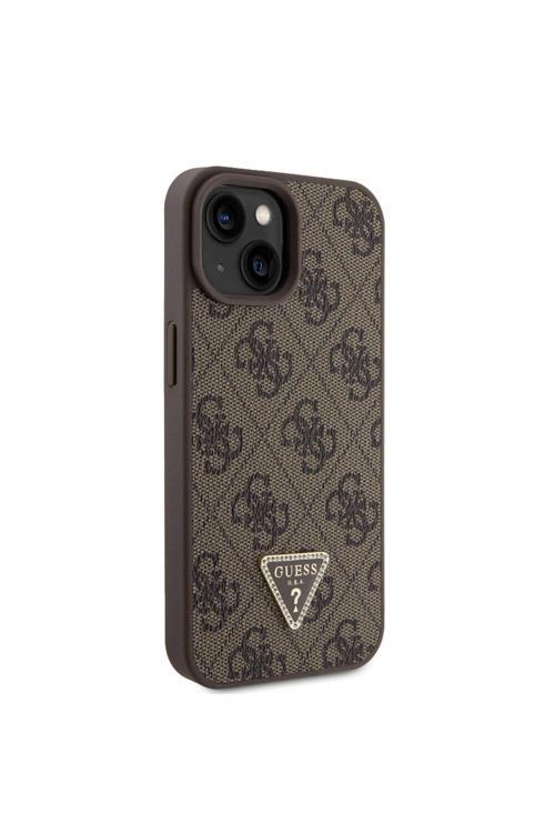 İphone 15 Kılıf Lisanslı Pu Deri Askılı Taşlı Üçgen Logo 4G Desen Strass Crossbody Kahverengi