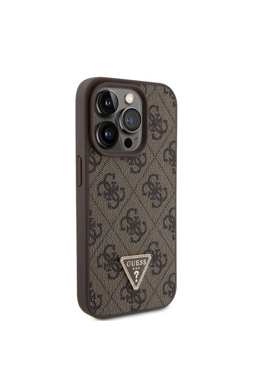 İphone 15 Pro Kılıf Lisanslı Pu Deri Askı Taşlı Üçgen Logo 4G Desen Strass Crossbody Kahvereng