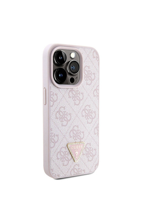 İphone 15 Pro Kılıf Lisanslı Pu Deri Askılı Taşlı Üçgen Logo 4G Desenli Strass Crossbody Pembe