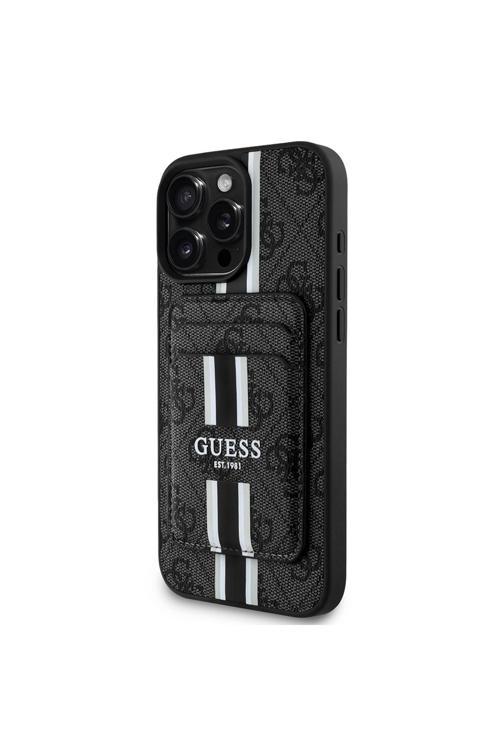 İphone 16 Pro Uyumlu Kılıf Guess  Lisanslı Magsafe Şarj Özellikli 4G Desenli Çizgili Kartlıklı Siyah