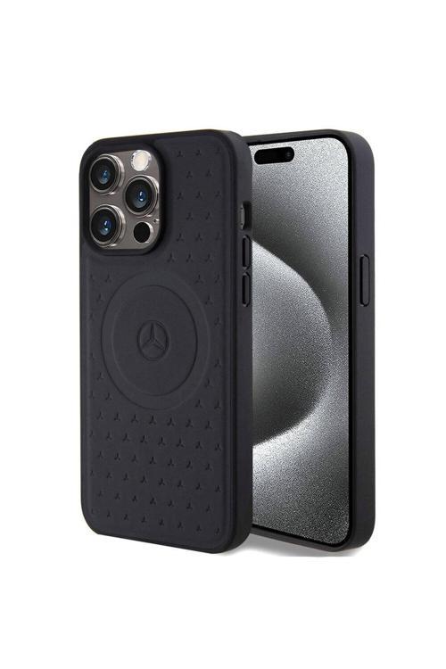 İphone 15 Pro Max Uyumlu Kılıf Lisanslı Magsafe Şarjlı Desenli Ve Logolu Deri Siyah