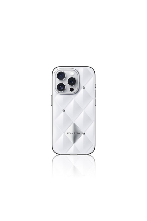 İphone 15 Pro Kılıf Parlak Arka Yüzeyli Kabartma Kapitone Metal Diamond Serisi Kapak Beyaz