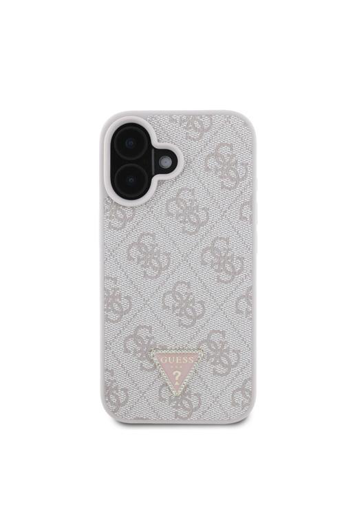 İphone 16 Uyumlu Kılıf Lisanslı Pu Deri Taşlı Üçgen Logo 4G Desenli Strass Kapak Pembe
