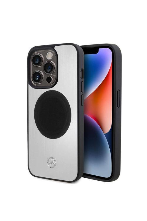 İphone 15 Pro Uyumlu Kılıf Lisans Magsafe Şarjlı Alüminyum Metal Yıldız Logolu Gümüş