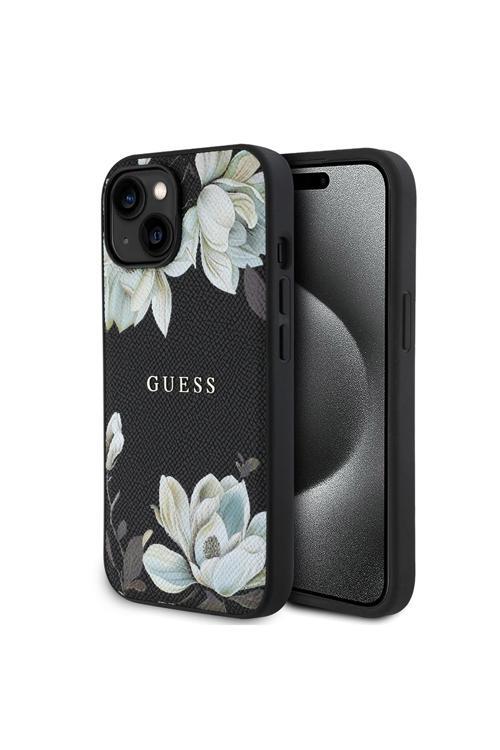 İphone 15 Kılıf Lisanslı M-Safe Özellikli Taneli Çiçek Tasarımlı Metal Yazı Logolu Kapak Siyah