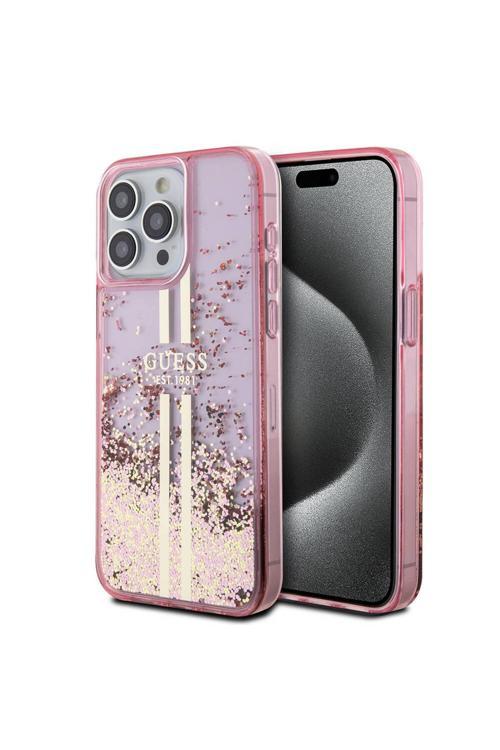 İphone 15 Pro Max Uyumlu Kılıf Lisanslı Transparan Sıvılı Simli Altın Çizgili Kapak Pembe
