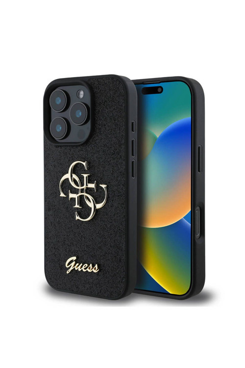 İphone 16 Pro Uyumlu Kılıf Lisanslı 4G Büyük Metal Logolu Glitter Kapak Siyah