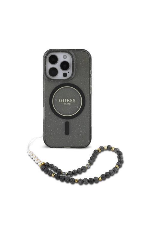 İphone 16 Pro Uyumlu Kılıf Lisans Magsafe Özellik Simli Silikon İnci Bileklikli Siyah