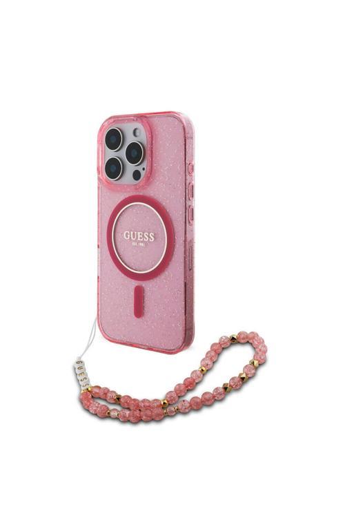 İphone 16 Pro Uyumlu Kılıf Lisans Magsafe Özellik Simli Silikon İnci Bileklikli Pembe