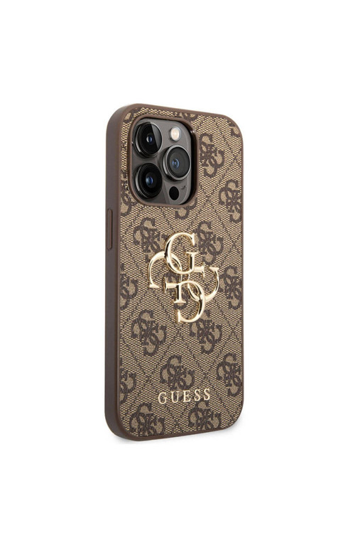 İphone 15 Pro Max Uyumlu Kılıf Lisanslı Pu Deri Yazı Ve 4G Metal Logo Desen Kahverengi