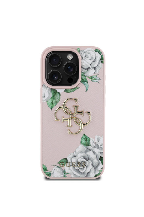 İphone 15 Pro Max Uyumlu Kılıf Lisanslı Gül Baskılı Büyük Metal Logo Dizaynlı Kapak Pembe