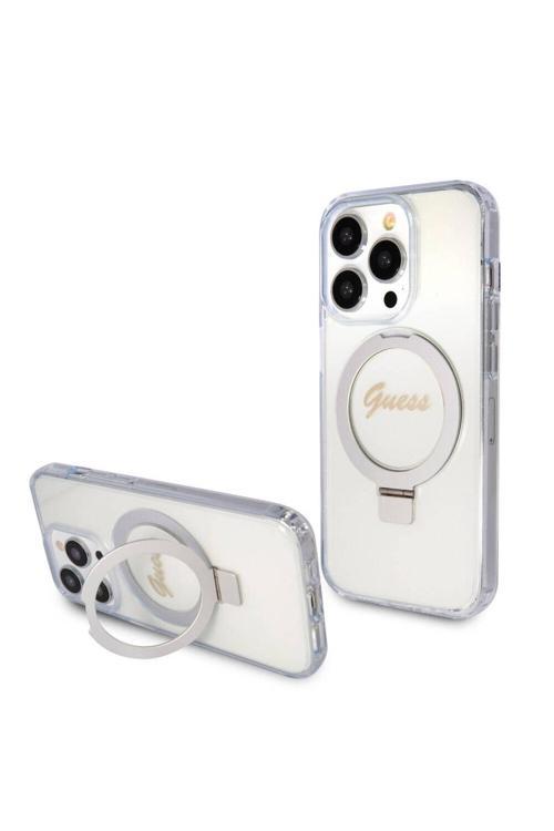 İphone 15 Pro Max Uyumlu Kılıf Orj Lisanslı Magsafe Şarj Özellikli Simli Ring Standlı Şeffaf