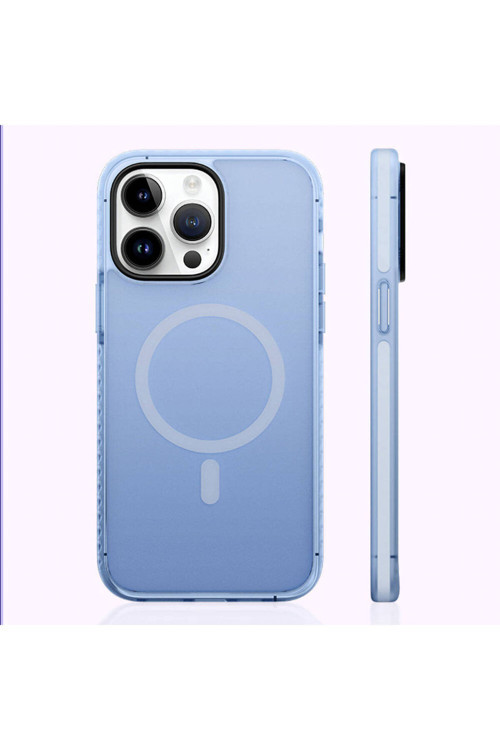 İphone 14 Pro Max Uyumlu Kılıf Magsafe Şarj Özellikli Mat Arka Yüzey Drop Resistance Mavi