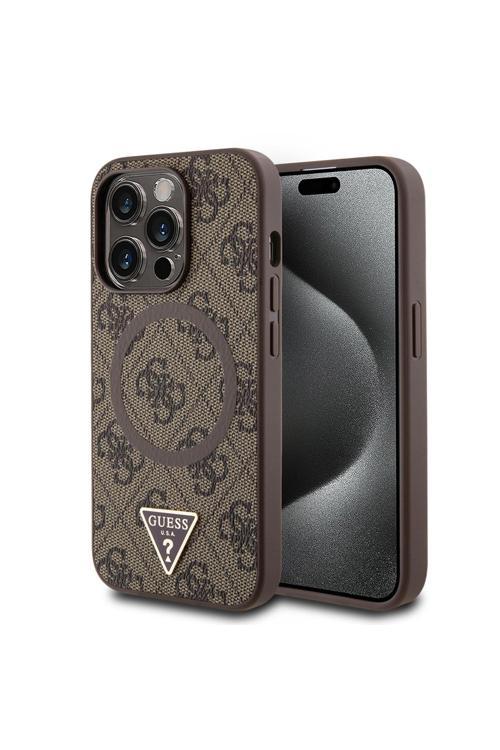 İphone 14 Pro Max Kılıf Lisanslı Magsafe Şarj Özellikli Pu Üçgen Logo 4G Desenli Kahverengi