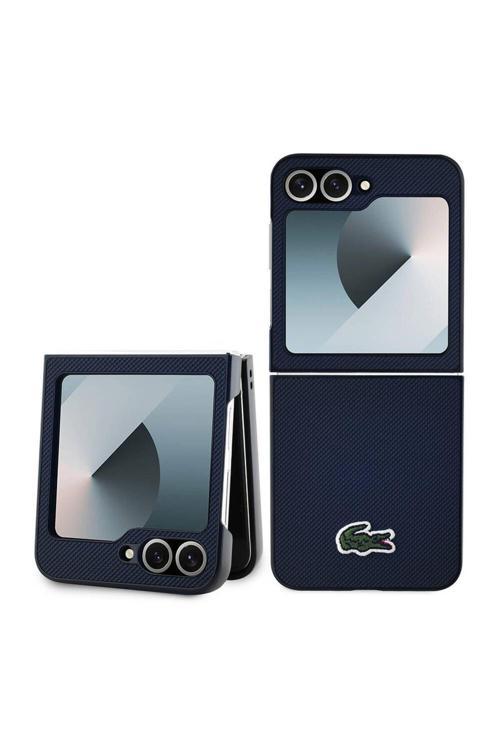 Galaxy Z Flip 6 Kılıf Lisanslı Pu Pike Desenli İkonik Timsah Dokuma Logo Lacivert