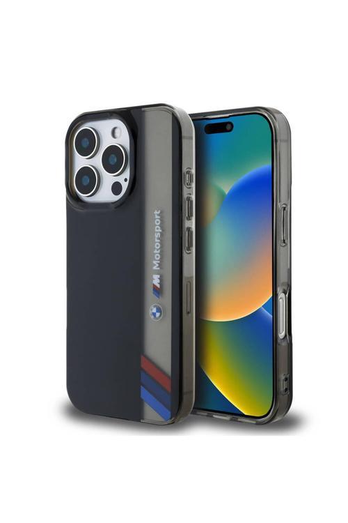 İphone 16 Pro Uyumlu Kılıf Lisanslı M Logolu Üç Renk Çizgili Motorsport Vertical Stripe Siyah