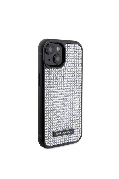 İphone 15 Uyumlu Kılıf Taşlı Metal Logo Lisanslı Kapak Gümüş