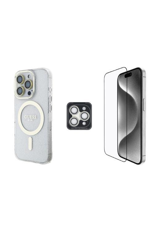 İphone 16 Pro Lisanslı 3'Lü Aksesuar Seti Iml Simli Kılıf Ekran Ve Lens Koruyucu Şeffaf