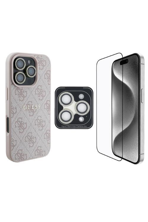 İphone 16 Pro Uyumlu Lisanslı Kılıf + Ekran Koruyucu + Lens Koruyucu 3İn1 Aksesuar Seti Pembe