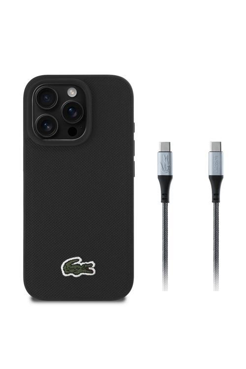 İphone 16 Pro Kılıf Lisanslı İkonik Timsah Dokuma Logolu Kapak + Type-C Kablo 1.5M Siyah