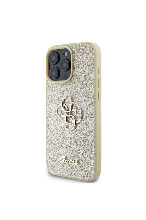 İphone 16 Pro Max Uyumlu Kılıf Lisanslı 4G Büyük Metal Logolu Glitter Kapak Gold
