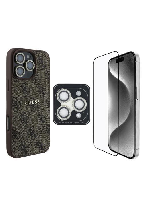 İphone 16 Pro Max Uyumlu Lisanslı 3İn1 Aksesuar Seti Kılıf + Ekran Ve Lens Koruyucu Kahverengi