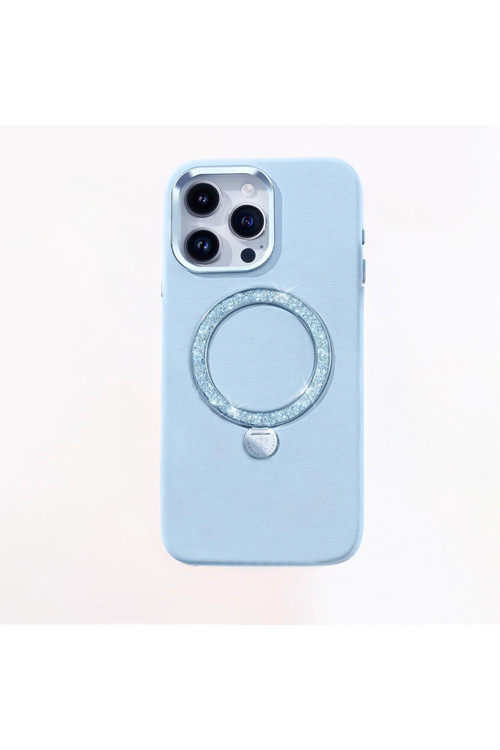 İphone 15 Pro Kılıf Magsafe Şarj Özellikli Standlı Suni Deri Dancing Circle Serisi Kapak Mavi