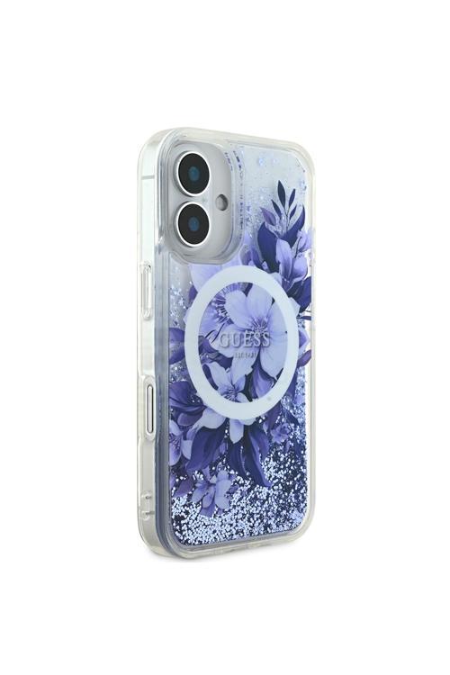 İphone 16 Plus Uyumlu Kılıf Lisanslı Magsafe Şarj Özellikli Sıvılı Simli Çiçek Desenli Mor