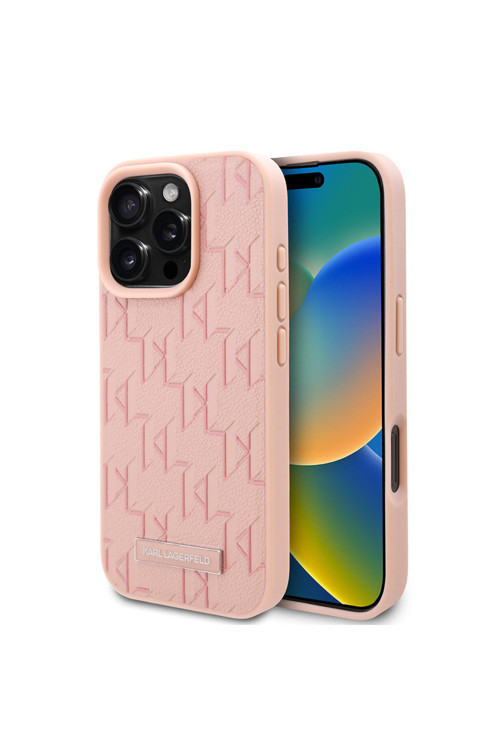 İphone 16 Pro Kılıf Lisanslı Magsafe Şarj Özellikli Kl Yazılı Hot Stamp Pembe