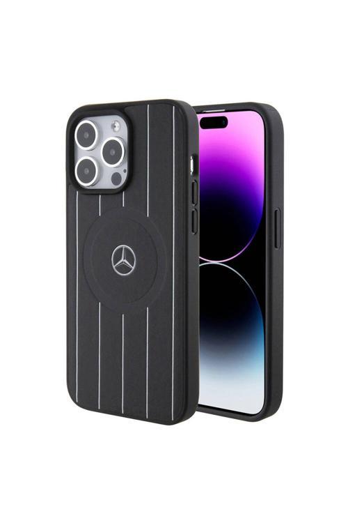 İphone 15 Pro Max Uyumlu Kılıf Mercedes Benz Lisanslı Magsafe Şarjlı Baskı Logolu Deri Siyah