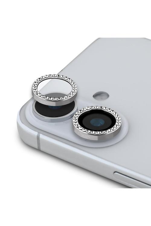 İphone 16 Lisanslı Rhinestone Parlak Taşlı Kamera Lens Koruyucu Gümüş