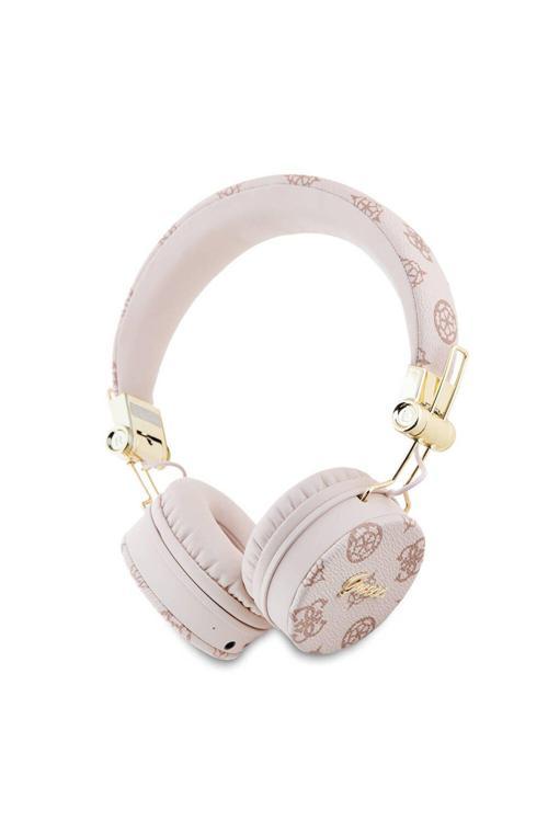 Metal El Yazısı Logolu Kulak Üstü Bluetooth Kulaklık Lisanslı Pu Desenli Pembe