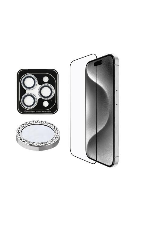 İphone 16 Pro Uyumlu Lisanslı Rhinestone Ekran Ve Lens Koruyucu 2İn1 Aksesuar Seti Gümüş