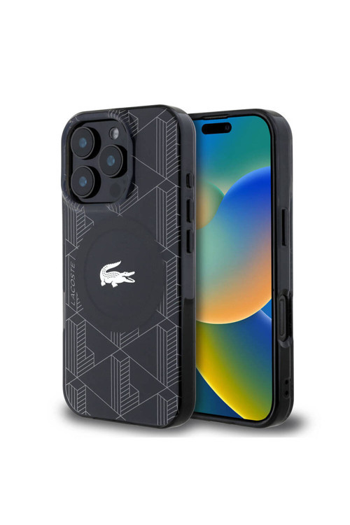 İphone 16 Pro Kılıf Lisanslı Magsafe Özellik Iml Baskılı Gümüş Timsah Logolu Monogram Siyah