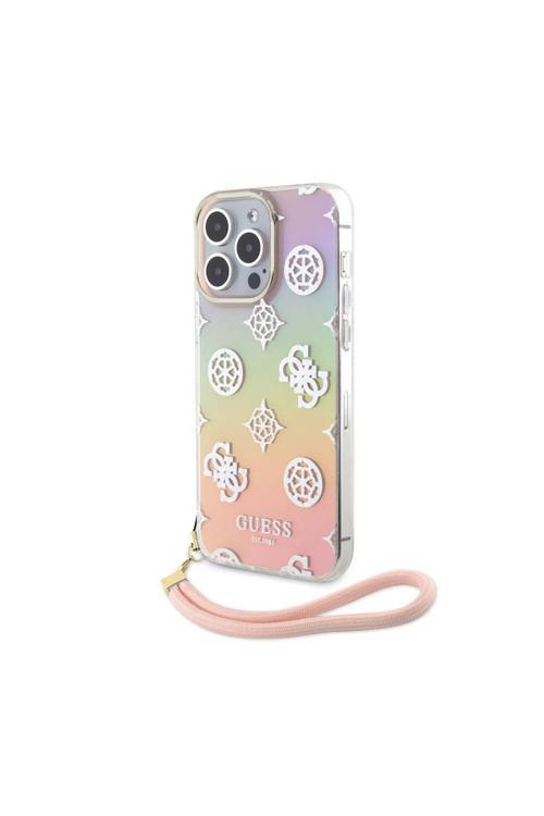 İphone 15 Pro Uyumlu Kılıf Lisanslı Yazı Logolu Askı İpli Holografik Glitter Peony Pembe