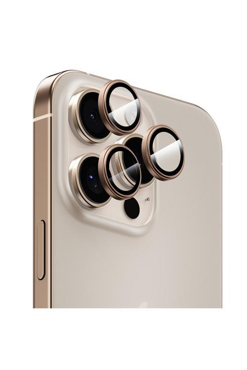 16 Pro Max Uyumlu  Parlama Önleyici Metal Kamera Lens Koruyucu Titanyum-Gold