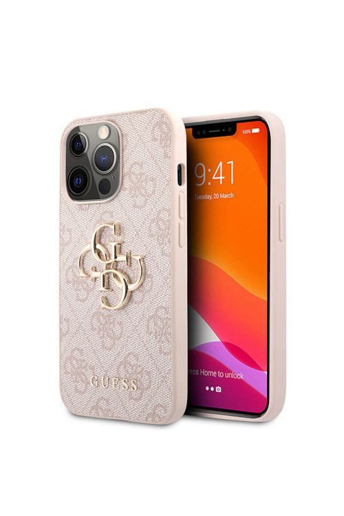 İphone 13 Pro Uyumlu Kılıf Lisanslı Pu Deri 4G Desen Metal Büyük 4G Ve Yazı Logo Pembe