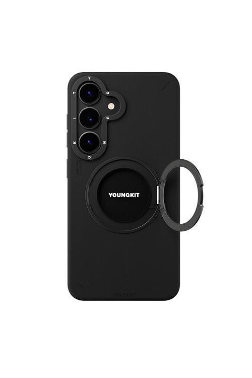 Galaxy S25 Kılıf Magsafe Uyumlu 360 Standlı Mat Deri Desenli Tech Leather Kapak Siyah