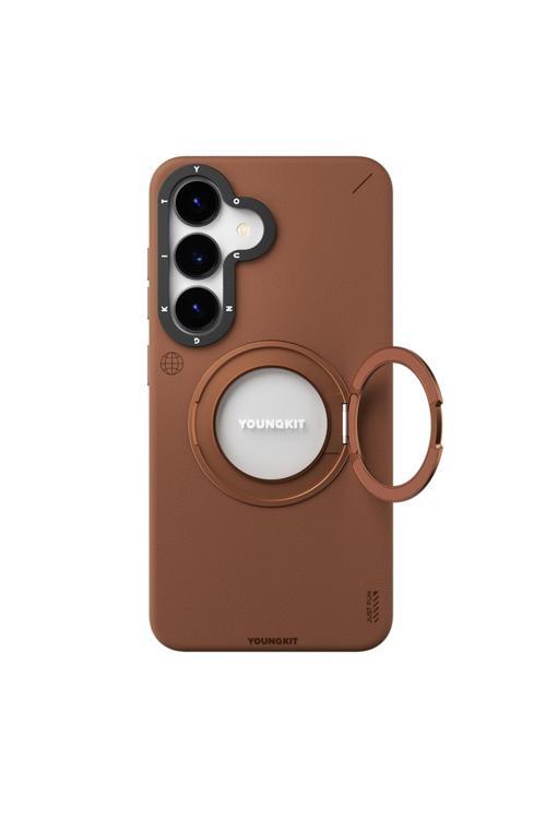 Galaxy S25 Kılıf Magsafe Uyumlu 360 Standlı Mat Deri Tech Leather Kapak Kahverengi