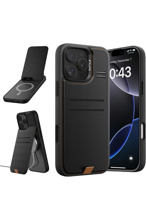 İphone 16 Pro Kılıf Magsafeli Slim Wallet Serisi Deri Görünümlü Kartlıklı Standlı Kapak Siyah