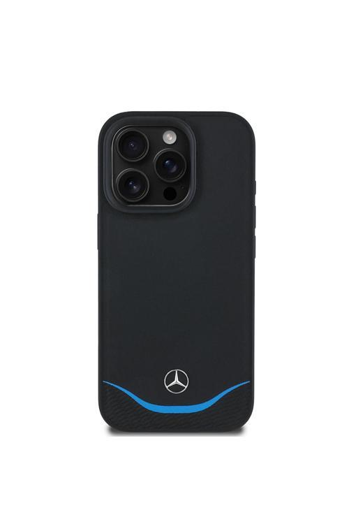 İphone 16 Pro Kılıf Lisanslı Magsafeli 3D Logolu Mavi Yatay Çizgili Deri Kapak Siyah