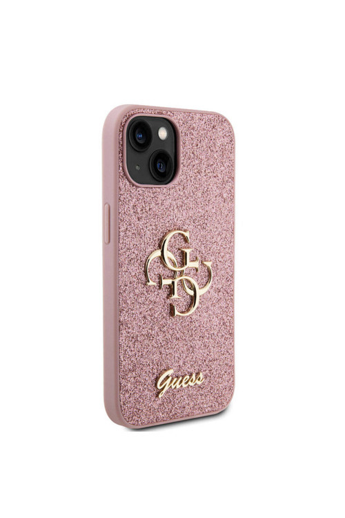 İphone 15 Plus Uyumlu Kılıf Lisanslı 4G Büyük Metal Logolu Glitter Kapak Pembe