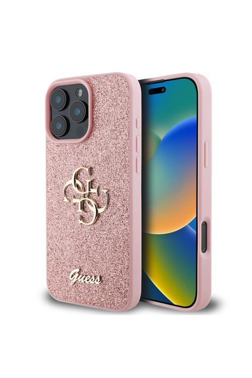 İphone 16 Pro Uyumlu Kılıf Lisanslı 4G Büyük Metal Logolu Glitter Kapak Pembe