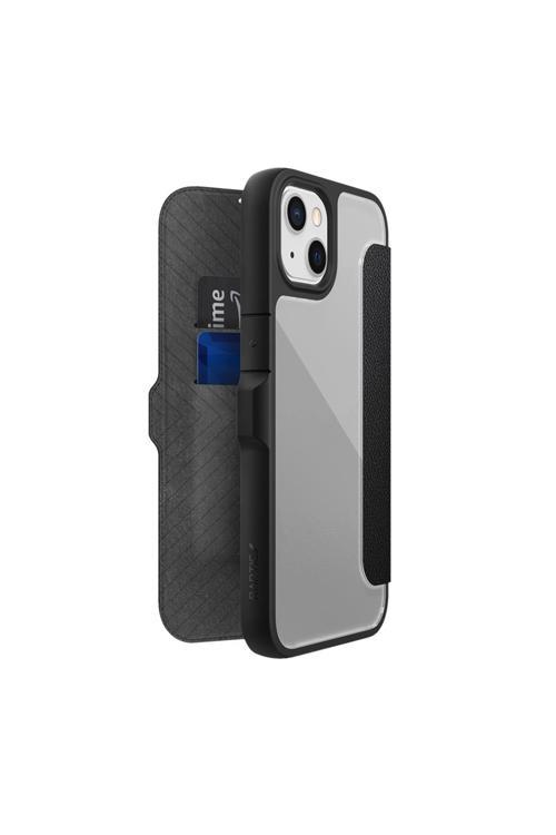 İphone 13 Kılıf Vegan Deri Tasarımlı Şeffaf Kartlıklı Raptic Urban Folio Serisi Kapak Siyah
