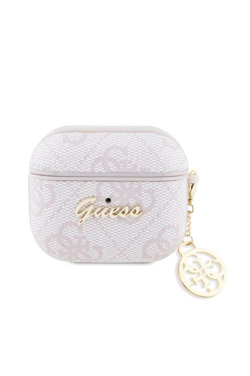 Airpods 3.Nesil Kılıf Guess  Lisanslı 4G Desenli Metal Script Logolu 4G Charm Pu Deri Pembe