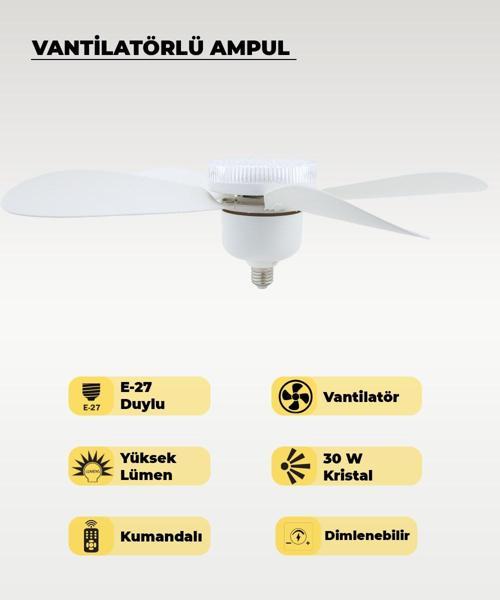 5 Kanatlı Vantilatör LED Ampul 3 Renk - Kumandalı
