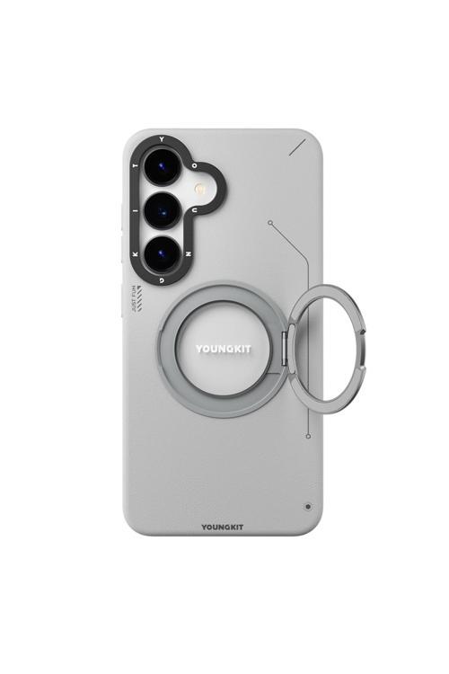 Galaxy S25 Kılıf Magsafe Uyumlu 360 Standlı Mat Deri Desenli Tech Leather Kapak Gri