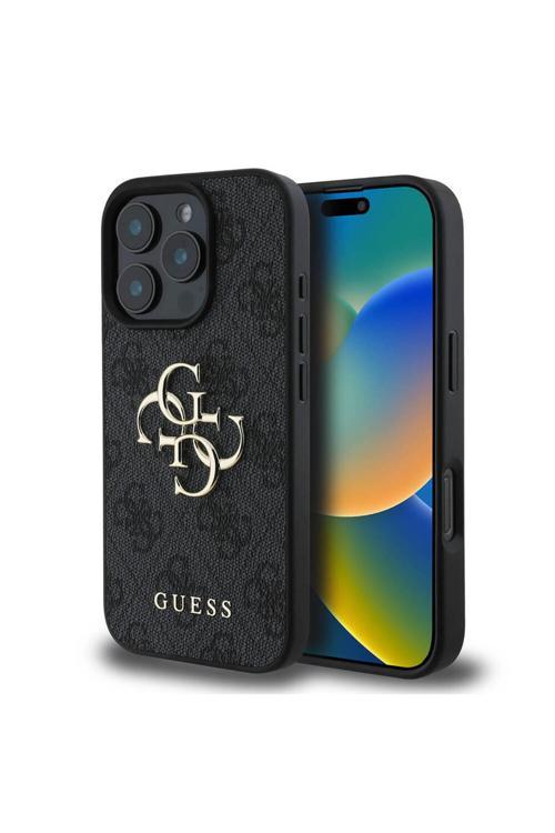 İphone 16 Pro Max Kılıf Guess  Lisanslı Pu Deri 4G Desen Metal Büyük 4G Ve Yazı Logolu Siyah